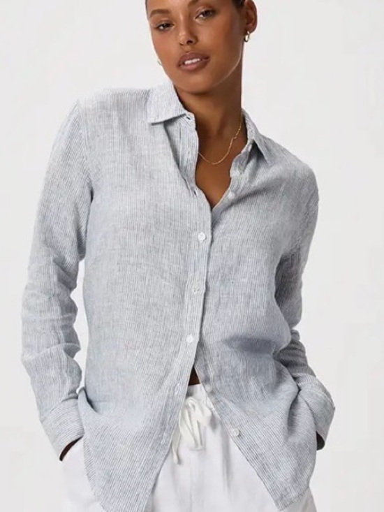 Quince Tops - Quince 100% Linen Blue White Striped Button Front Shirt Women’s Medium
